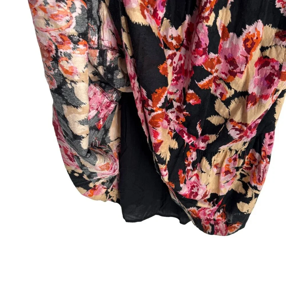 Anthropologie 100% Cotton Boho‎ Black Floral Pink Maxi Dress Balloon Sleeve